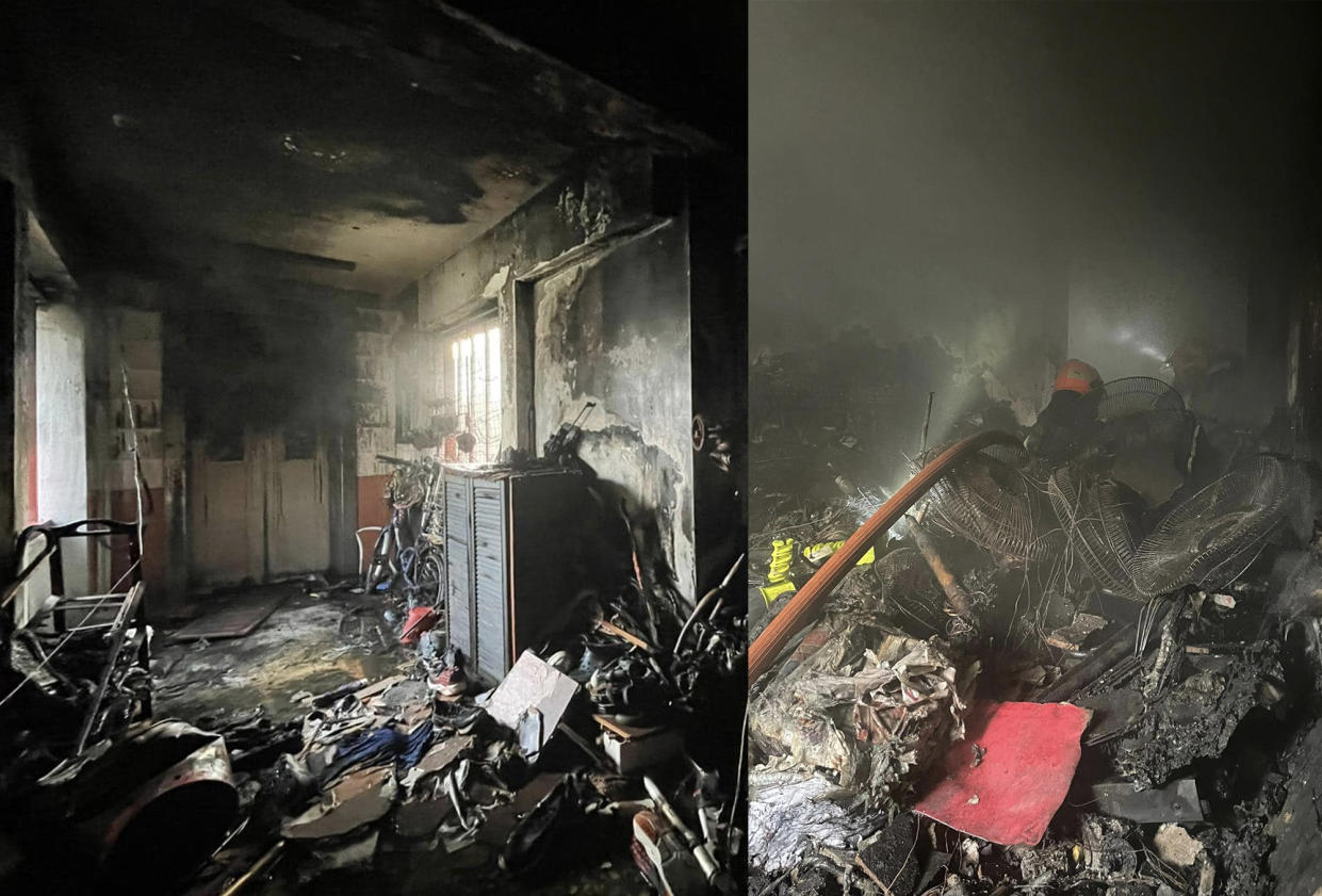 Heat and smoke damage could be seen along the corridor of the affected unit after the fire at a Jurong East flat on 16 August 2022. (PHOTOS: Singapore Civil Defence Force/Facebook)