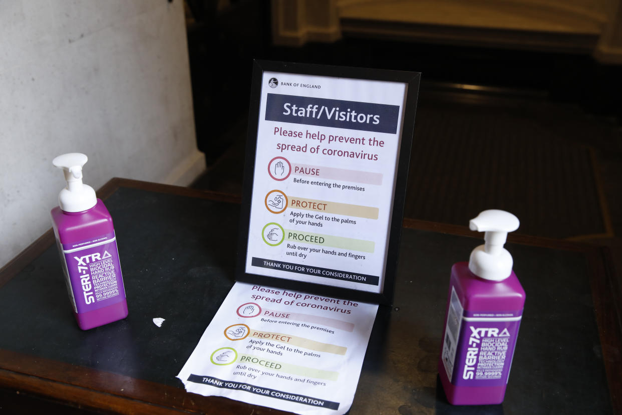 A hand sanitiser station at the entrance to the Bank of England in London, as the UK's coronavirus death toll rose to 35 with a total of 1,372 positive tests for coronavirus in the UK as of 9am on Sunday.