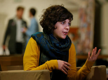 Anna Orosz, a leading member of political movement Momentum which challenges Budapest's 2024 Olympic bid with a referendum, speaks during an interview with Reuters at Momentum's headquarters located in a basement in Budapest, Hungary, February 20, 2017. REUTERS/Laszlo Balogh