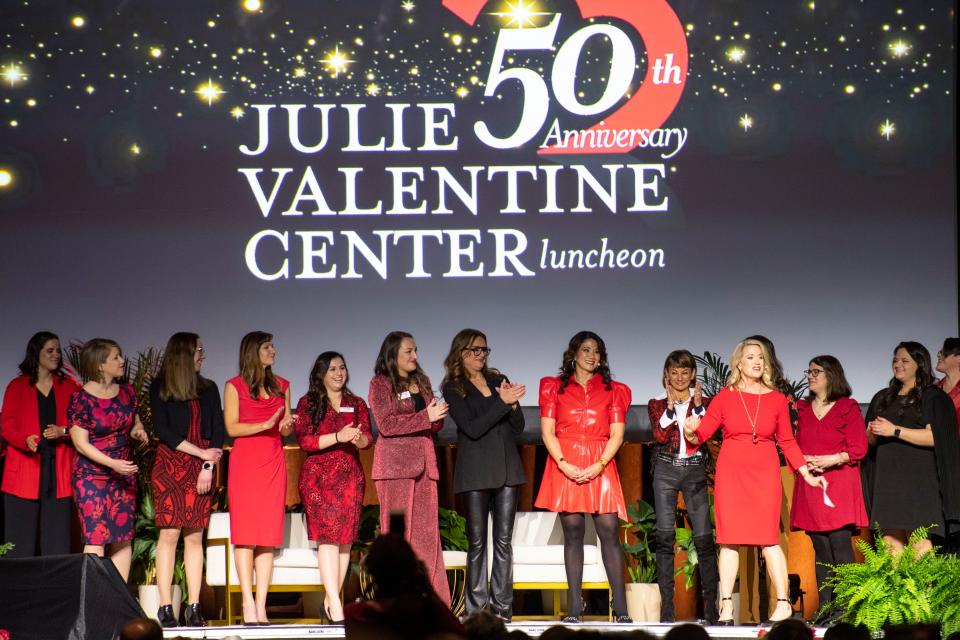 Shauna Galloway-Williams, chief executive officer of The Julie Valentine Center, interviews actress Brooke Shields during the 50-year anniversary celebration of the center at Greenville Convention Center on Wednesday, Feb. 14, 2024. Shields speaks about her time as a child actress and a recent Hulu documentary, Pretty Baby: Brooke Shields.