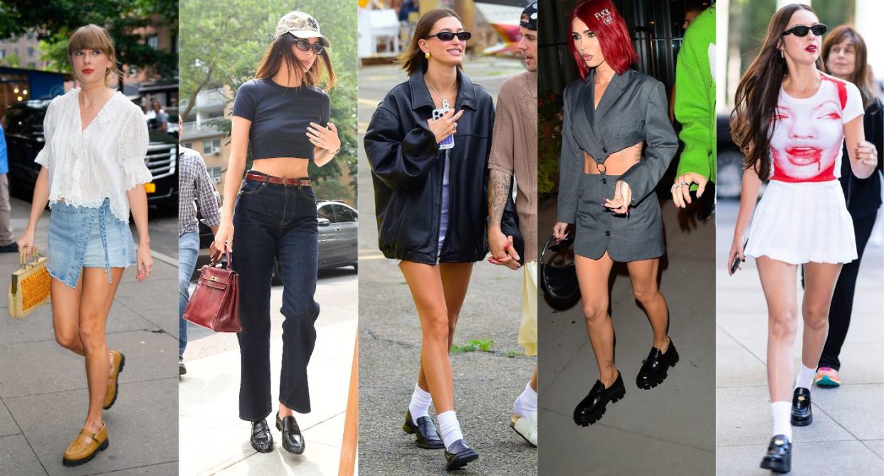 Various celebrities wearing loafers with different outfits while out and about. (Photos via Getty Images)