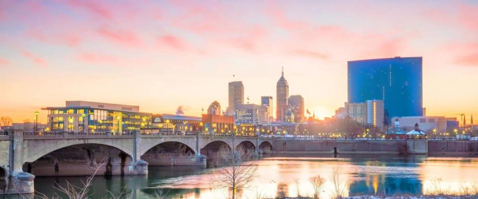 Downtown Indianapolis skyline at twilight in USA