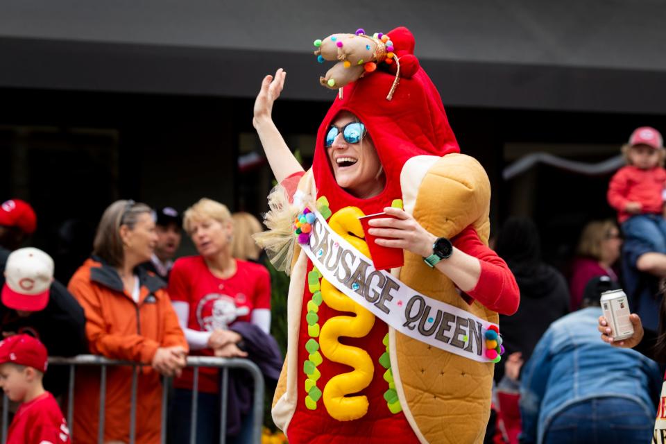 The Bockfest Sausage Queen waves to fans at the Findlay Market Opening Day Parade in 2022.