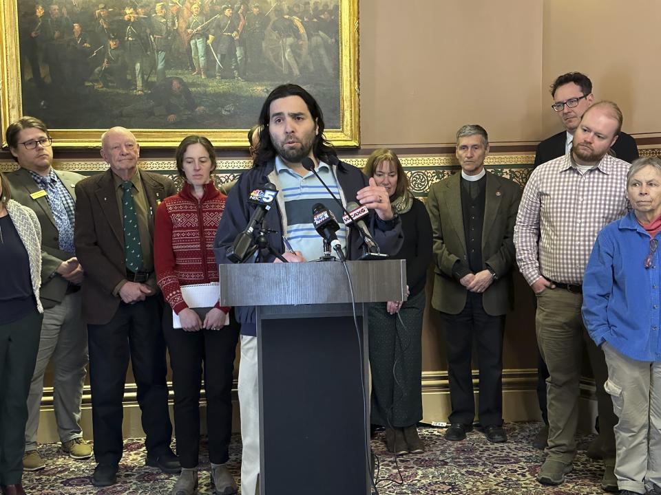 Barre City Manager Nicolas Storellicastro on Tuesday, March 19, 2024 talks about the need for state funding to elevate 20 homes damaged by summer flooding in Barre and Montpelier during a news conference at the Statehouse in Montpelier, Vt. (AP Photo/Lisa Rathke)