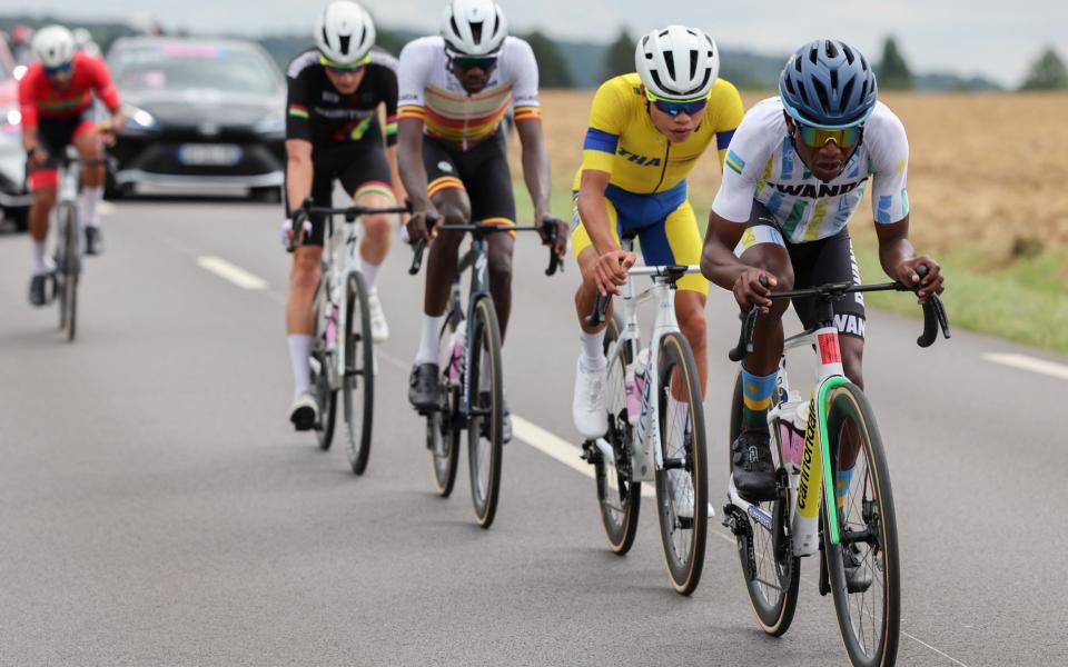 Four riders in the lead of the men's Olympic road race.