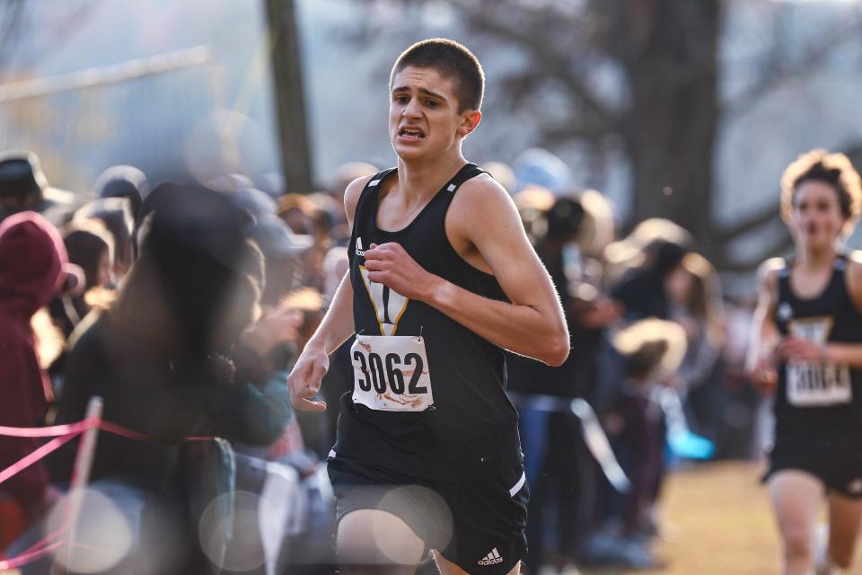 Jackson Downin from Tatnall finishes the boys division II race at the DIAA Cross Country Championships Saturday, Nov. 11, 2023; at Brandywine Creek State Park in Wilmington, DE.