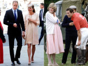 <p>Much like <span>Princess Diana</span>, pregnant here with Prince William in 1982, <span>Princess Kate</span>, who <span>welcomed Prince George</span> in July 2013, kept covered and colorful during her first pregnancy, favoring ladylike, empire-waist dresses (including this Jenny Packham number) accessorized with tailored coats and cardigans. The women's silhouettes of choice, however, couldn't be more different. <strong>Get Kate's Look!</strong> Seraphine Blush Pink Pleated Maternity & Nursing Dress, $71 - $89; <span>amazon.com</span> Rosie Pope Janie Maternity Dress, $178; <span>nordstrom.com</span> Sienna Textured Coat, $203; <span>bodenusa.com</span></p>
