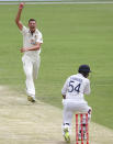 Australia's Josh Hazlewood appeals unsuccessfully for the wicket of India's Shardul Thakur during play on day three of the fourth cricket test between India and Australia at the Gabba, Brisbane, Australia, Sunday, Jan. 17, 2021. (AP Photo/Tertius Pickard)