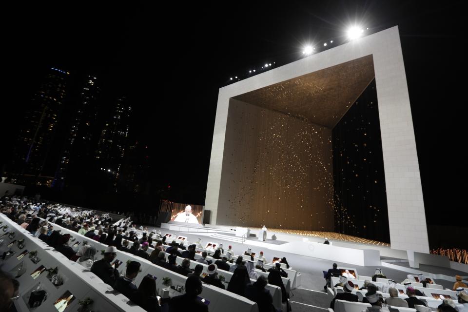 Pope Francis speaks during an Interreligious meeting at the Founder's Memorial in Abu Dhabi, United Arab Emirates, Monday, Feb. 4, 2019. Pope Francis arrived in Abu Dhabi on Sunday. His visit represents the first papal trip ever to the Arabian Peninsula, the birthplace of Islam. (AP Photo/Andrew Medichini)