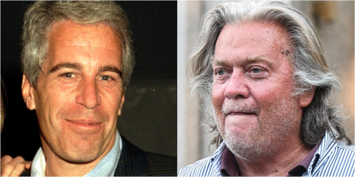 Headshots of Jeffrey Epstein and Steve Bannon in a collage.