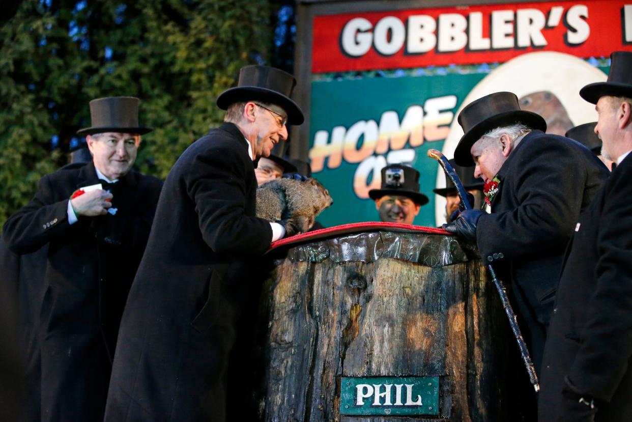 Groundhog Club handler Ron Ploucha, left, holds Punxsutawney Phil, the weather prognosticating groundhog, as Groundhog Club President Bill Deeley, right, gets the weather prediction from Phil during the 129th celebration of Groundhog Day on Gobbler's Knob in Punxsutawney, Pa., Monday, Feb. 2, 2015.