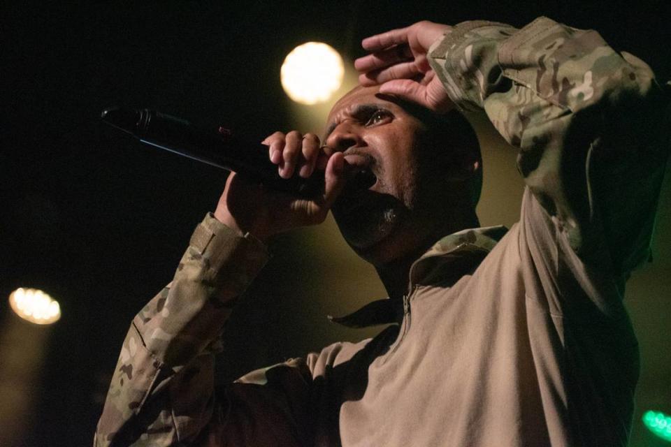 New Orleans rapper Mac, whose real name is McKinley Phipps, performs at the House of Blues in New Orleans’ French Quarter on Friday, July 21, 2023. Phipps’ lyrics were used against him in his 2001 murder case. He was convicted of manslaughter in a 10-2 verdict and was paroled in 2021.