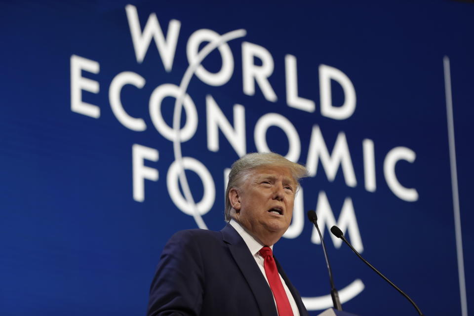 President Donald Trump delivers the opening remarks at the World Economic Forum, Tuesday, Jan. 21, 2020, in Davos. (AP Photo/ Evan Vucci)