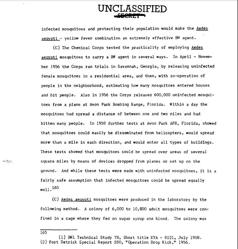 A page of the declassified military document describing a mosquito experiment in Savannah.