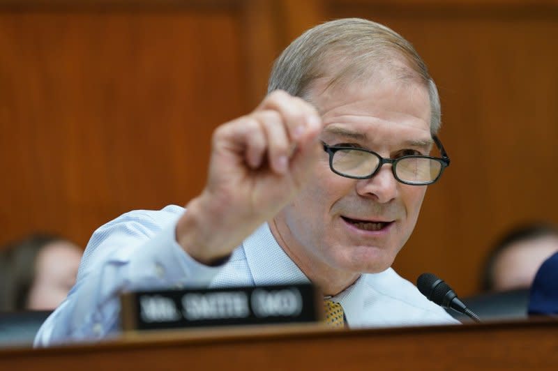 Rep. Jim Jordan, R-Ohio, speaks at the hearing. Photo by Bonnie Cash/UPI