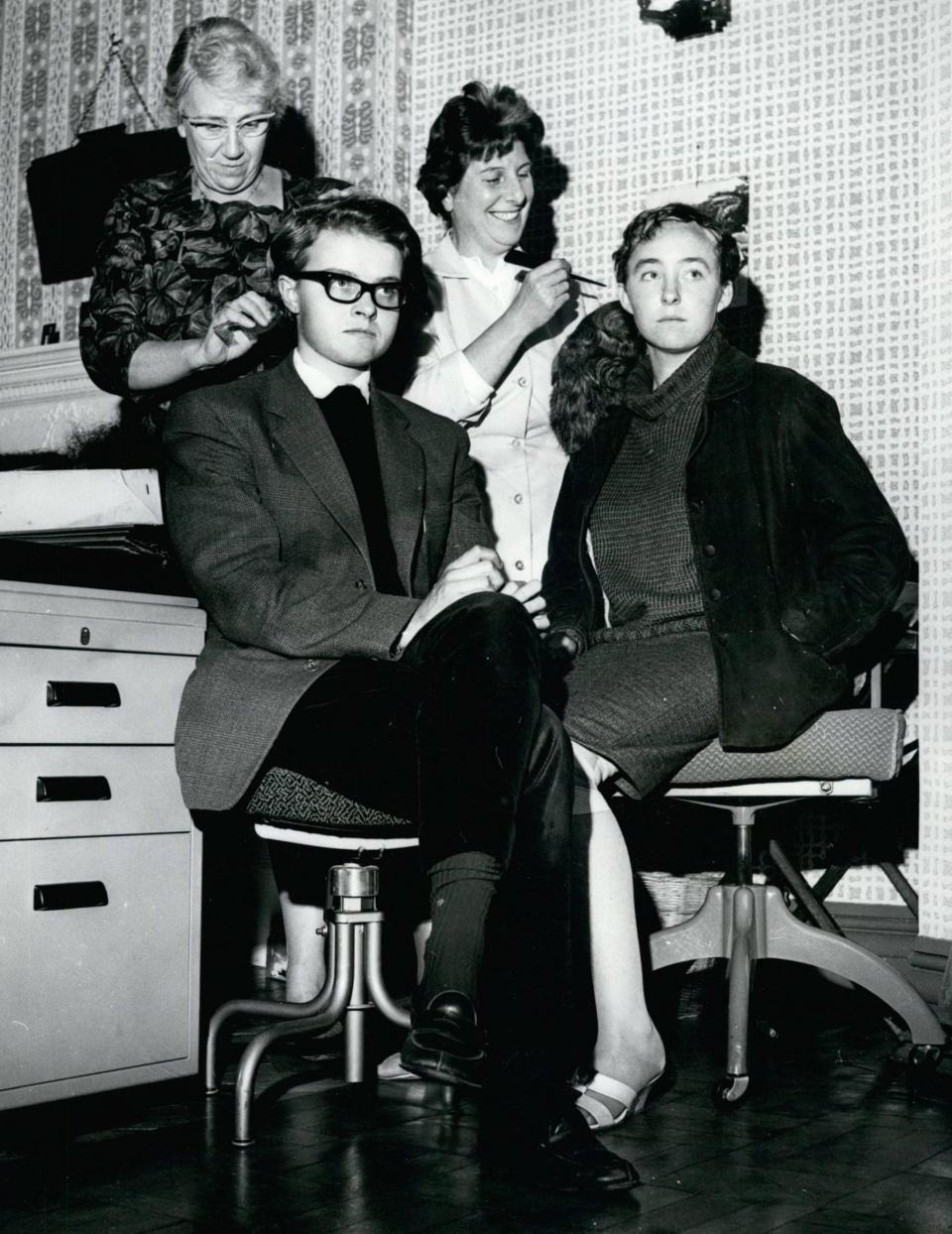 Rose Dugdale, left, and Jennifer Grove are made up as men in 1961 in order to gatecrash a debate at the then all-male Oxford Union