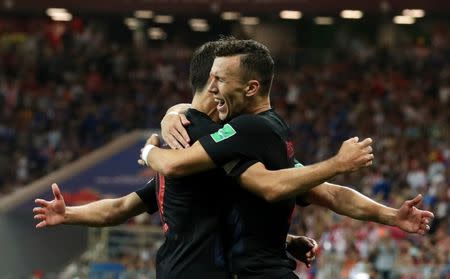 Soccer Football - World Cup - Group D - Iceland vs Croatia - Rostov Arena, Rostov-on-Don, Russia - June 26, 2018 Croatia's Ivan Perisic celebrates scoring their second goal with Josip Pivaric REUTERS/Albert Gea