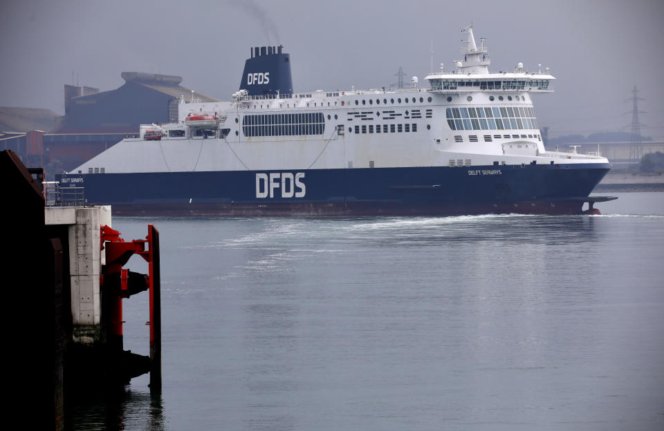 A cross-channel ferry leaves the Port of Dunkerque, France, Friday Aug.14, 2020. British holiday makers in France were mulling whether to return home early Friday to avoid having to self-isolate for 14 days following the U.K. government's decision to reimpose quarantine restrictions on France amid a recent pick-up in coronavirus infections. (AP Photo/Olivier Matthys)