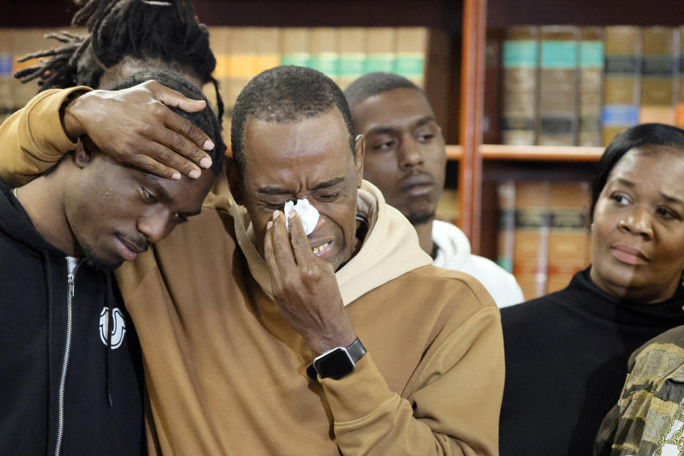 Jeff Geffrard breaks down while speaking about his son during a news conference at the Broward Public Defender's Office in Fort Lauderdale, Fla., Thursday, Feb. 1, 2024. "I want to know what happened to my son," he said of Janard Geffrard, 29, who was beaten to death in the Broward Main Jail by a man who was awaiting trial on a vehicle theft charge and probation violations. According to Public Defender Gordon Weekes, there have been 21 deaths in the jail since 2019. (Amy Beth Bennett/South Florida Sun-Sentinel via AP)