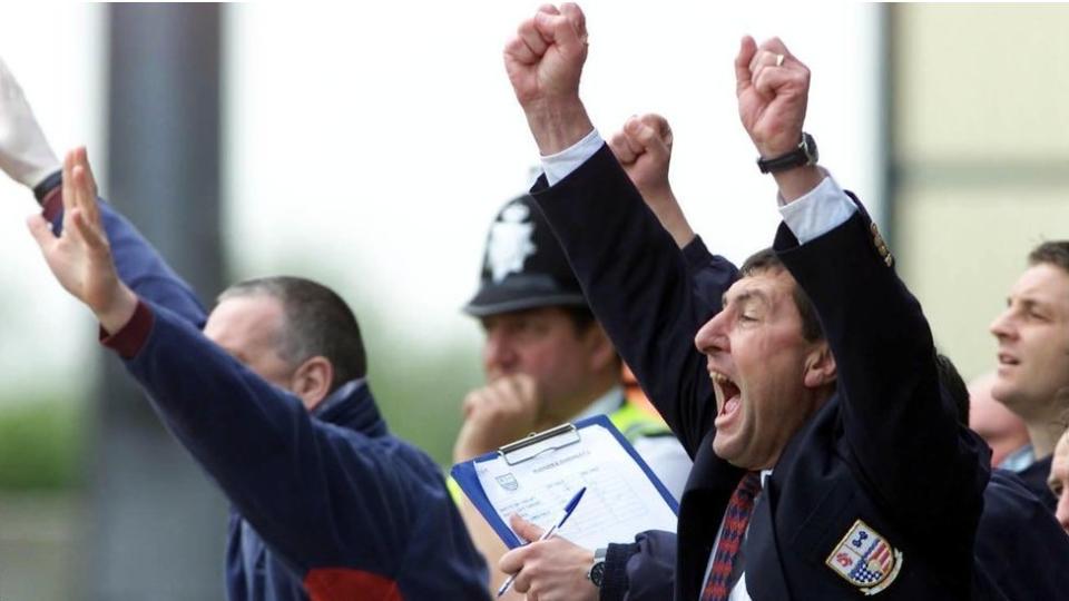 Brian Talbot celebrates Rushden & Diamonds' promotion from the Conference in May 2001