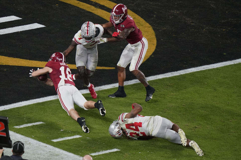Alabama wide receiver Slade Bolden scores a touchdown against Ohio State during the second half of an NCAA College Football Playoff national championship game, Monday, Jan. 11, 2021, in Miami Gardens, Fla. (AP Photo/Wilfredo Lee)