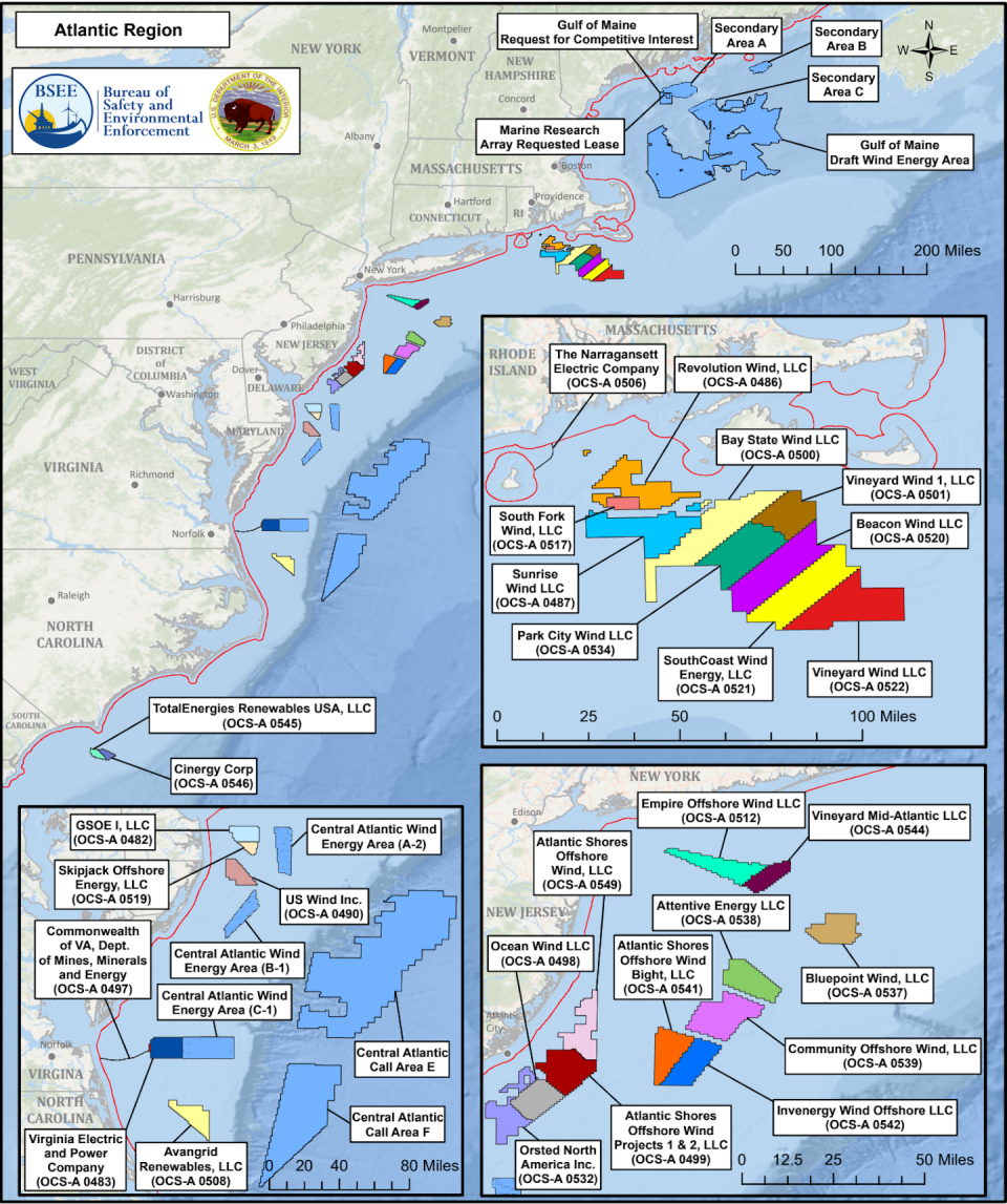 The map shows leasehold areas from South Carolina to Massachusetts.