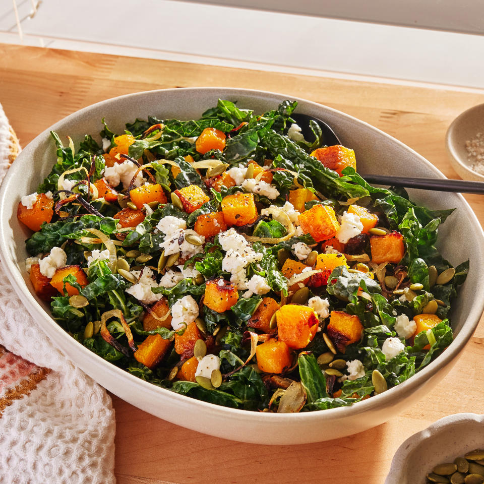 Warm Butternut Squash & Kale Salad with Goat Cheese & Pepitas