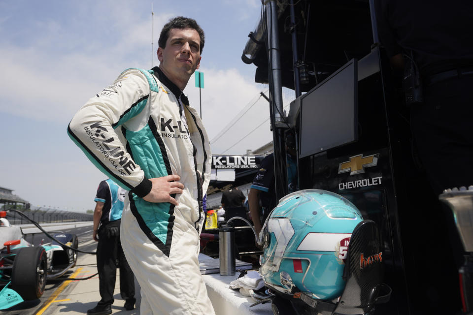 Dalton Kellett, of Canada, waits to drive during practice for the Indianapolis 500 auto race at Indianapolis Motor Speedway, Friday, May 20, 2022, in Indianapolis. (AP Photo/Darron Cummings)