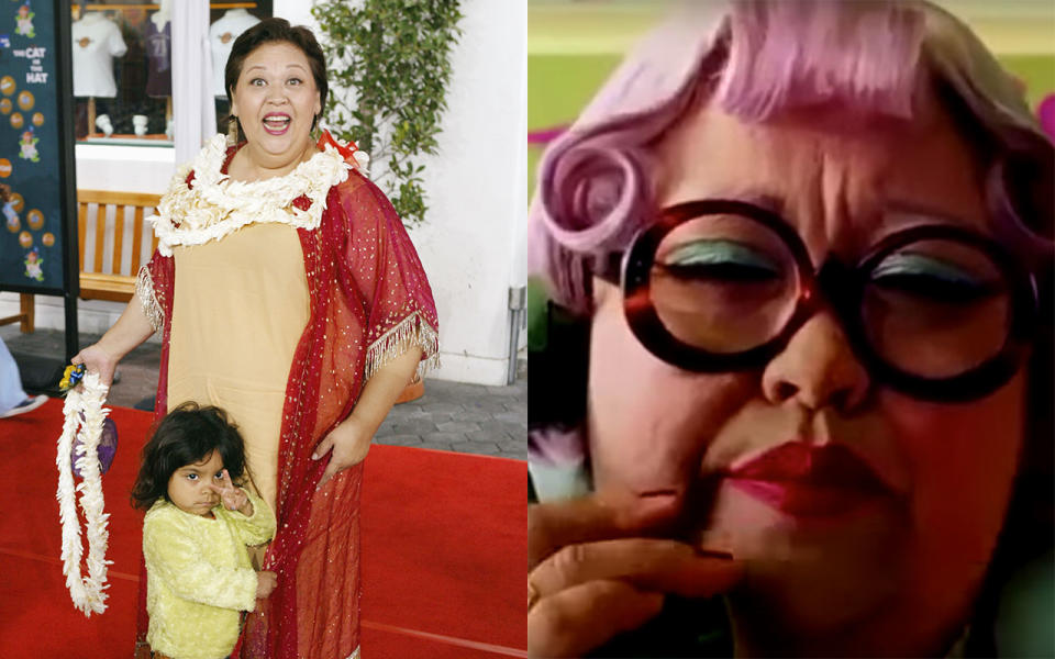 Amy Hill with her daughter at the film's premiere and in the movie as Mrs. Kwan - Credit: Getty Images/Universal Pictures