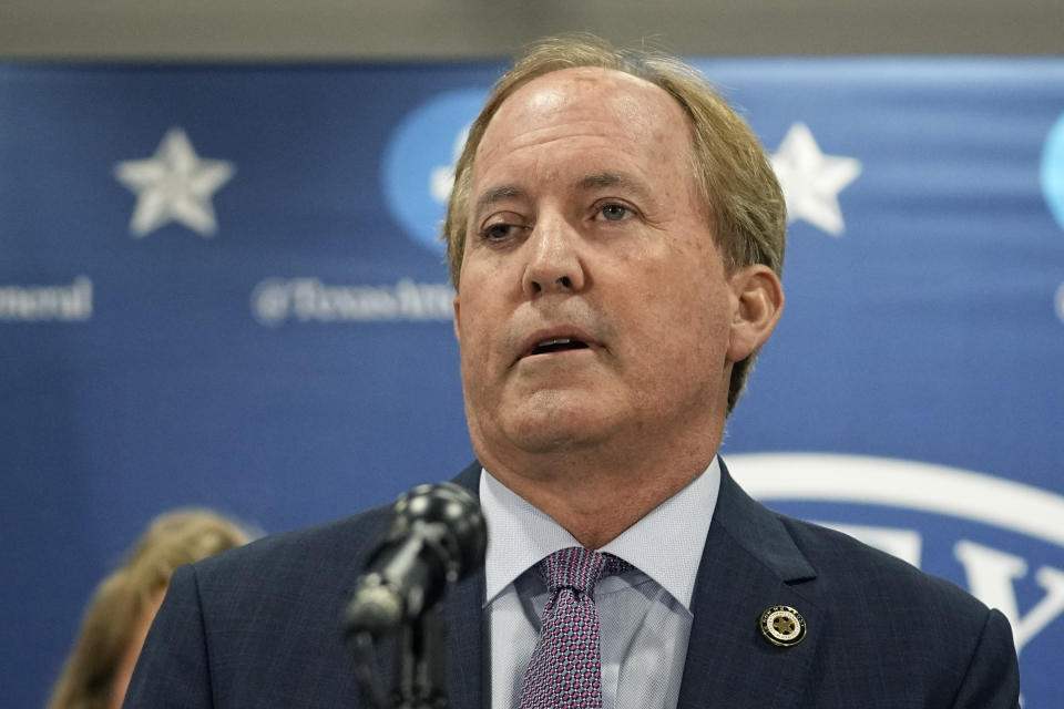 FILE - Texas state Attorney General Ken Paxton makes a statement at his office, May 26, 2023, in Austin, Texas. Paxton was among several attorneys general from Republican-led states that opposed upholding the Indian Child Welfare Act, saying that is unconstitutional because is based on race and thus violates the equal protection clause. (AP Photo/Eric Gay, File)