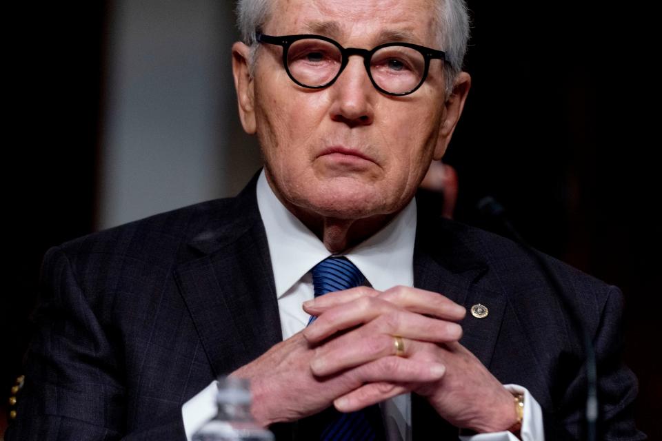 FILE - Former Secretary of Defense Chuck Hagel appears to introduce nominee to be Secretary of the Army Christine Elizabeth Wormuth at a Senate Armed Services Committee nomination hearing in Washington, May 13, 2021. (Andrew Harnik/AP, File)