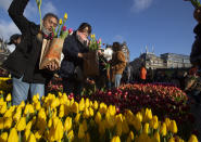 Scores of people pick free tulips on Dam Square in front of the Royal Palace in Amsterdam, Netherlands, Saturday, Jan. 18, 2020, on national tulip day which marks the opening of the 2020 tulip season. (AP Photo/Peter Dejong)