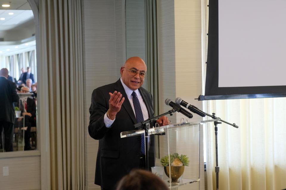 Kamran Khozan, chairperson and CEO of CVMR, talks  Monday about his reasoning for bringing his company to Amarillo during a groundbreaking ceremony at the Amarillo Club downtown.