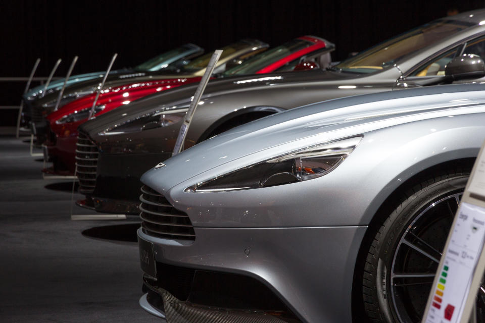 Amsterdam, The Netherlands - April 16, 2015: Row of Aston Martin sports cars at the AutoRAI 2015.