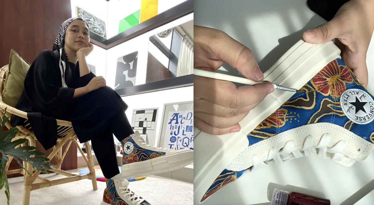 A composite image of a malay artist and a batik design on a Converse shoe.