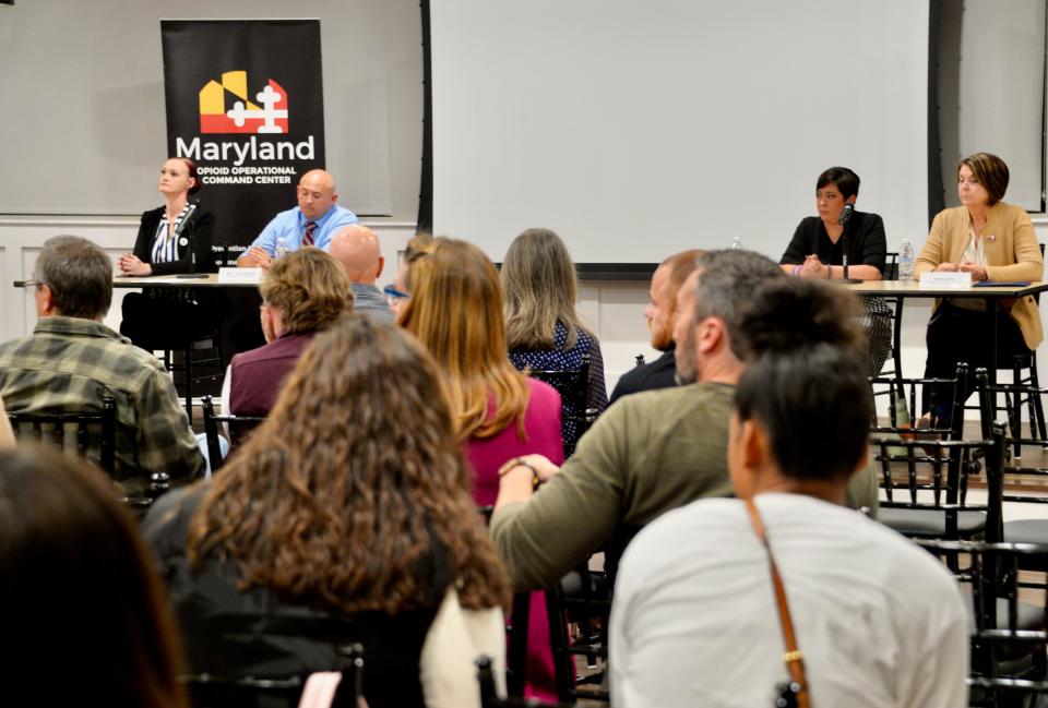 Panelists and audience members listen to someone's comments Wednesday night during a Community Overdose Action Town Hall in downtown Hagerstown on Wednesday night.