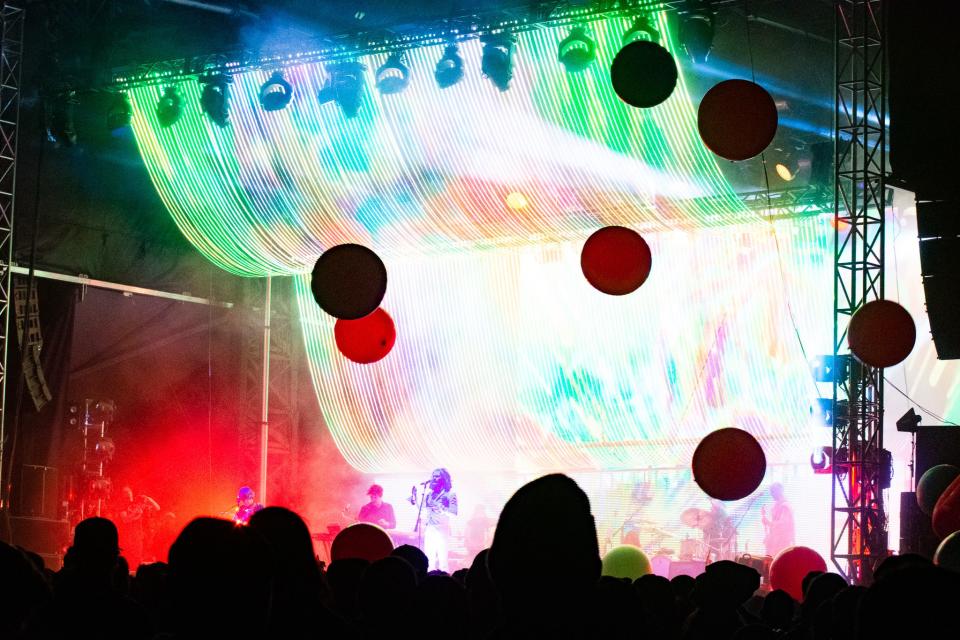 The Flaming Lips release the balloons at Desert Daze in Lake Perris, Calif. on Oct. 11, 2019.