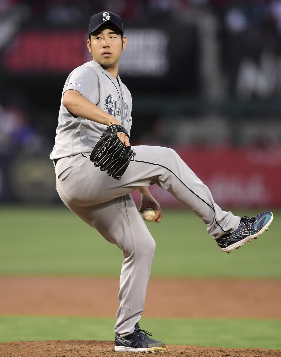 Seattle Mariners starting pitcher Yusei Kikuchi, of Japan, throws during the third inning of the team's baseball game against the Los Angeles Angels Saturday, June 8, 2019, in Anaheim, Calif. (AP Photo/Mark J. Terrill)