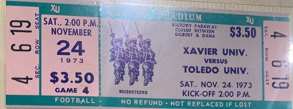 A ticket stub for the final Xavier football game on Saturday, Nov. 24, 1973, against Toledo. Xavier won the game, 35-31. Less than a month later, the Xavier Board of Trustees voted to discontinue the football program.