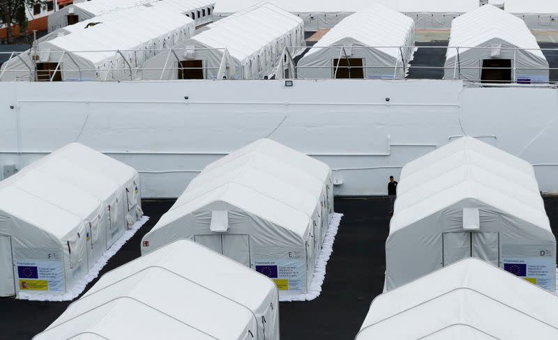 Camp Canarias 50, installed by the Spanish government to house migrants who were in hotels in the south of the island, are seen in Gran Canaria