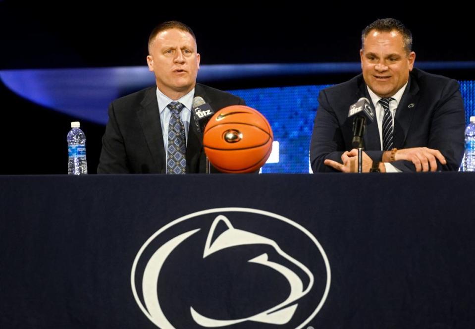 Penn State’s new men’s basketball coach Mike Rhoades answers questions during his introductory press conference at the Bryce Jordan Center on Thursday, March 30, 2023.