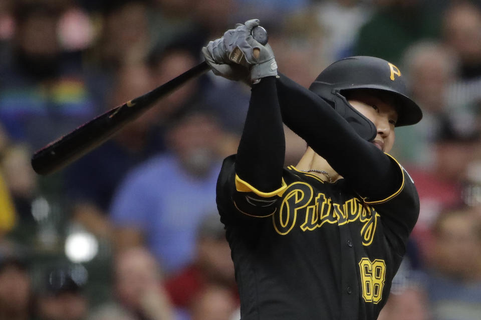 Pittsburgh Pirates' Hoy Park watches his three-run double during the seventh inning of a baseball game against the Milwaukee Brewers, Tuesday, Aug. 3, 2021, in Milwaukee. (AP Photo/Aaron Gash)