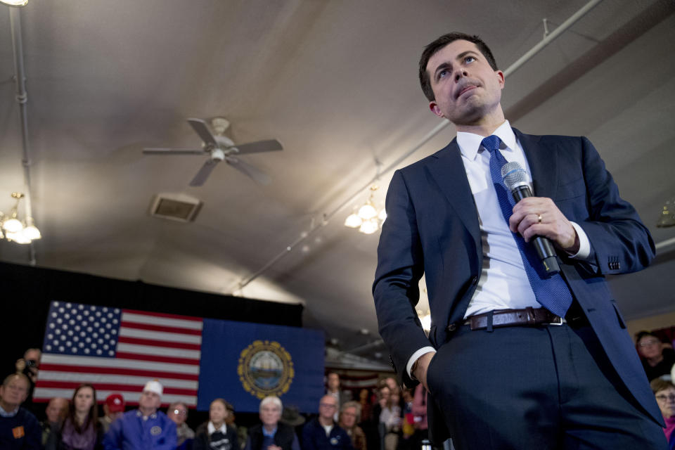 Democratic presidential candidate former South Bend, Ind., Mayor Pete Buttigieg takes a question from the audience at a campaign stop at the Merrimack American Legion, Thursday, Feb. 6, 2020, in Merrimack, N.H. (AP Photo/Andrew Harnik)