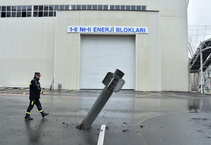 An unexploded BM-30 Smerch rocket near the Mingachevir Hydro Power Station in the town of Mingachevir