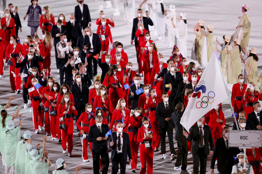 TOKYO, JAPAN - JULY 23: Flag bearers Sofya Velikaya and Maxim Mikhaylov.