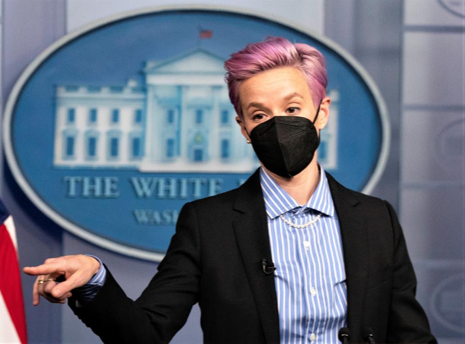 U.S. Soccer Women's National Team member and Palo Cedro native Megan Rapinoe visits the White House briefing room before an event to mark Equal Pay Day, Wednesday, March 24, 2021, in Washington, D.C.