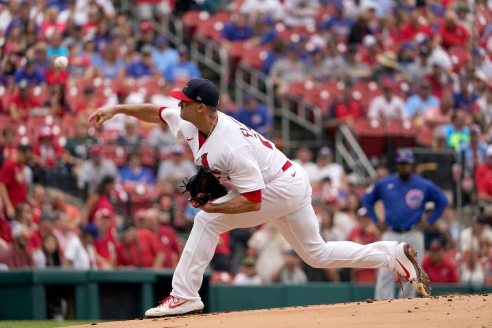 St. Louis Cardinals starting pitcher Jack Flaherty delivers a pitch against the Chicago Cubs during a game last season. Flaherty has struggled thus far in 2023 as has the entire starting rotation.
