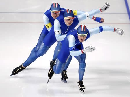 Speed Skating - Pyeongchang 2018 Winter Olympics - Men's Team Pursuit Competition Finals - Gangneung Oval - Gangneung, South Korea - February 21, 2018. Havard Bokko, Simen Spieler Nilsen and Sverre Lunde Pedersen of Norway in action. REUTERS/Damir Sagolj