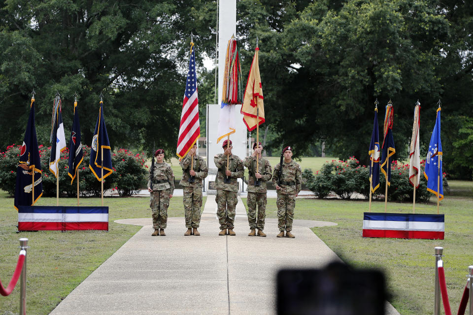 An honor guard takes part in a ceremony to rename Fort Bragg on Friday, June 2, 2023, in Fort Liberty, N.C. The U.S. Army changed Fort Bragg to Fort Liberty as part of a broader initiative to remove Confederate names from bases. (AP Photo/Karl B DeBlaker)