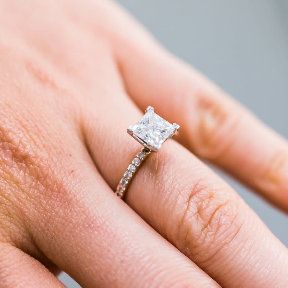 Pave Diamond Band and Princess Cut Diamond Engagement Ring